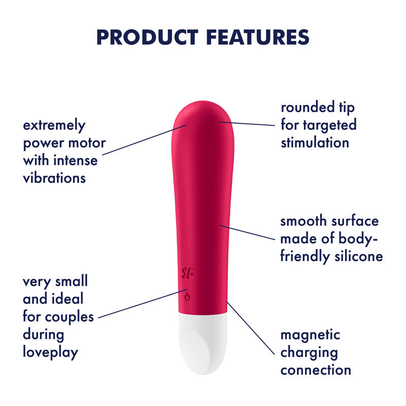 Satisfyer Ultra Power Bullet 1 features USB rechargeable bullet vibrator, smooth silicone, rounded tip, and intense vibrations.