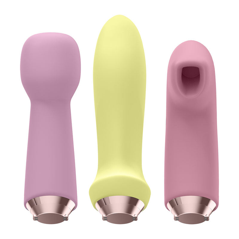 Satisfyer Marvelous Four - 4-in-1 USB Rechargeable Vibes with three colorful attachments for versatile pleasure.