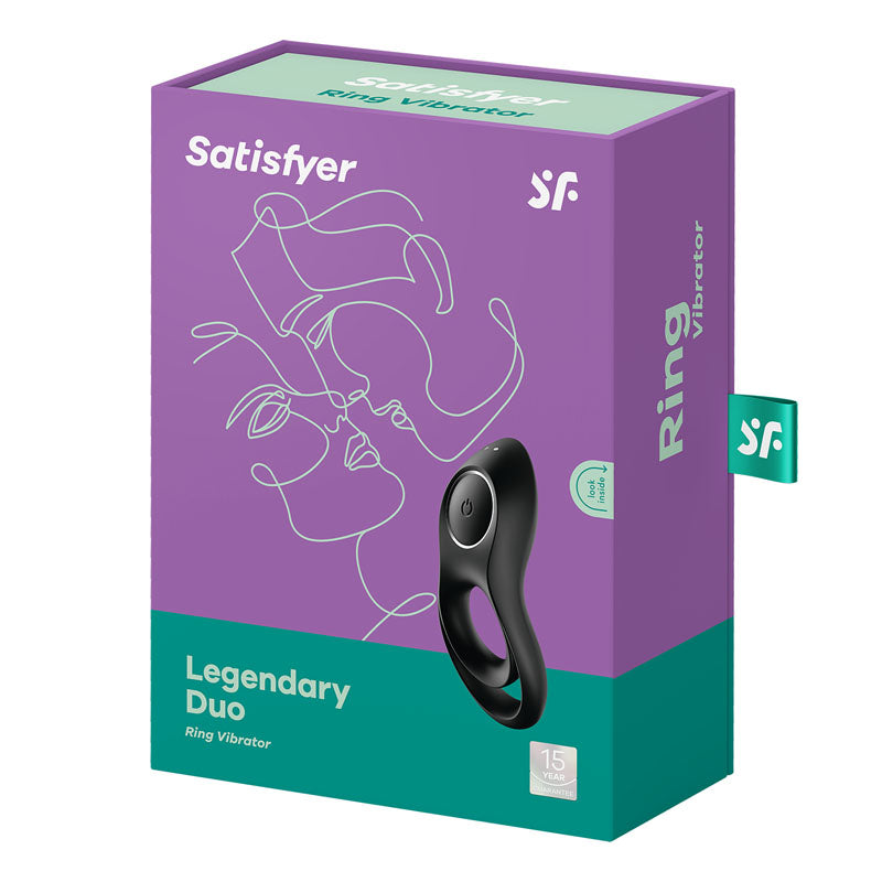 Satisfyer Legendary Duo packaging featuring USB rechargeable cock and balls ring for enhanced pleasure.