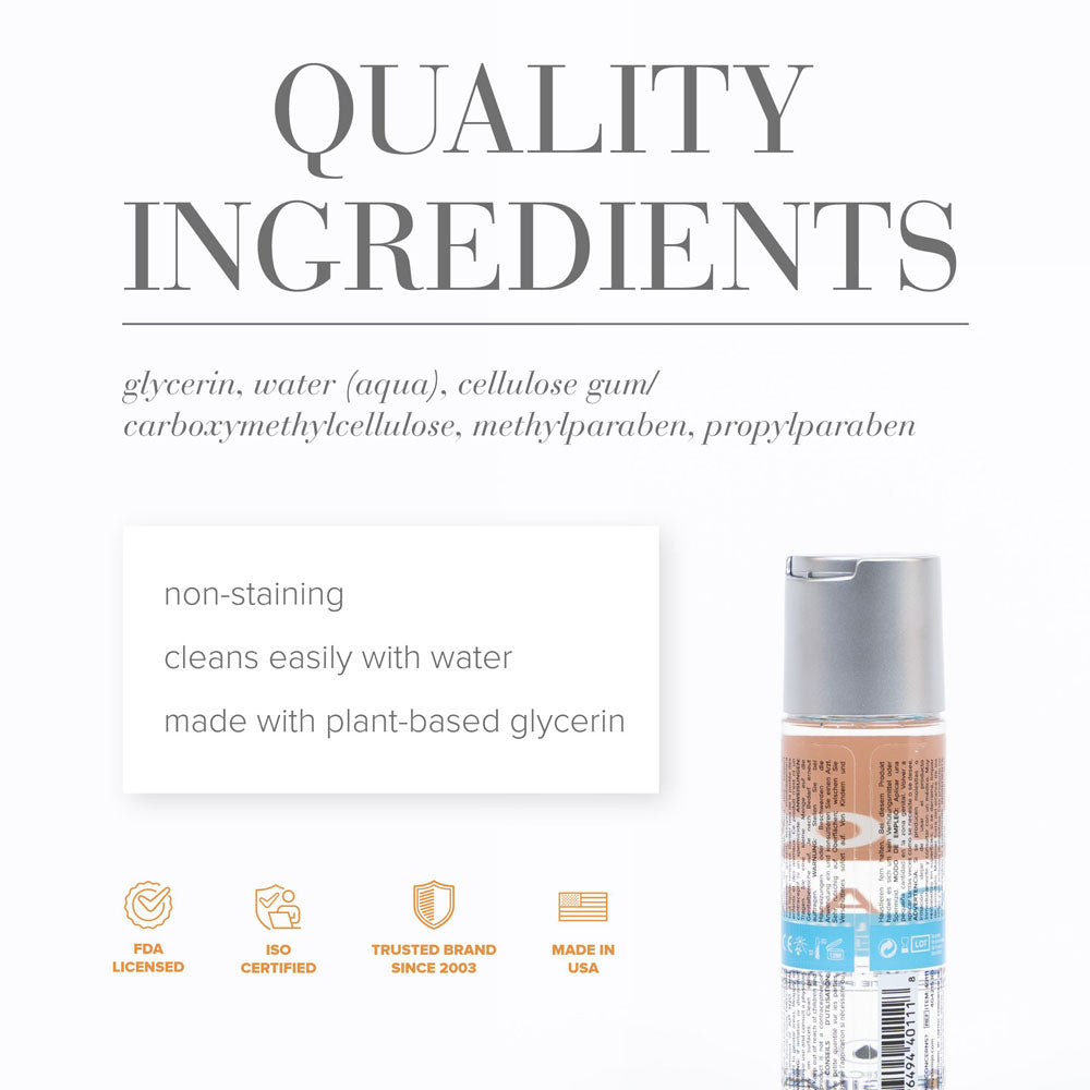 JO H2O Anal Lube - 60 mL - Water Based Anal Lubricant - 60 ml Bottle ingredient information showing quality components.