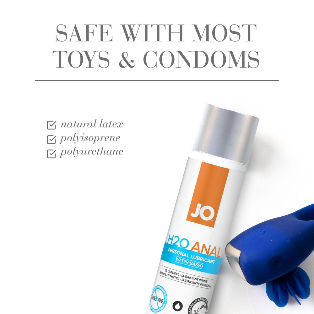 JO H2O Anal Lube - 60 mL - Water Based Anal Lubricant - 60 ml Bottle with safe usage info for toys and condoms.