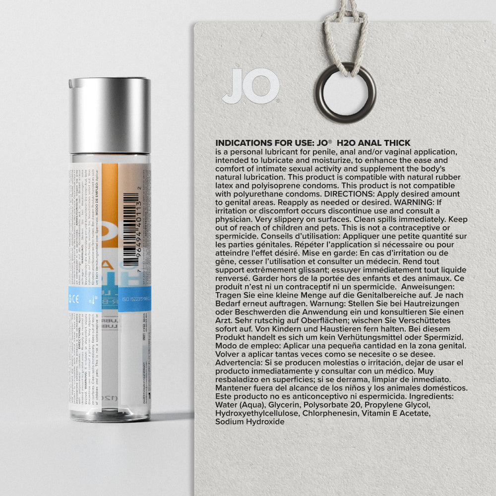 JO H2O Anal Thick Lube - 120 mL - Thick Water Based Anal Lubricant - 120 ml Bottle next to usage instructions.