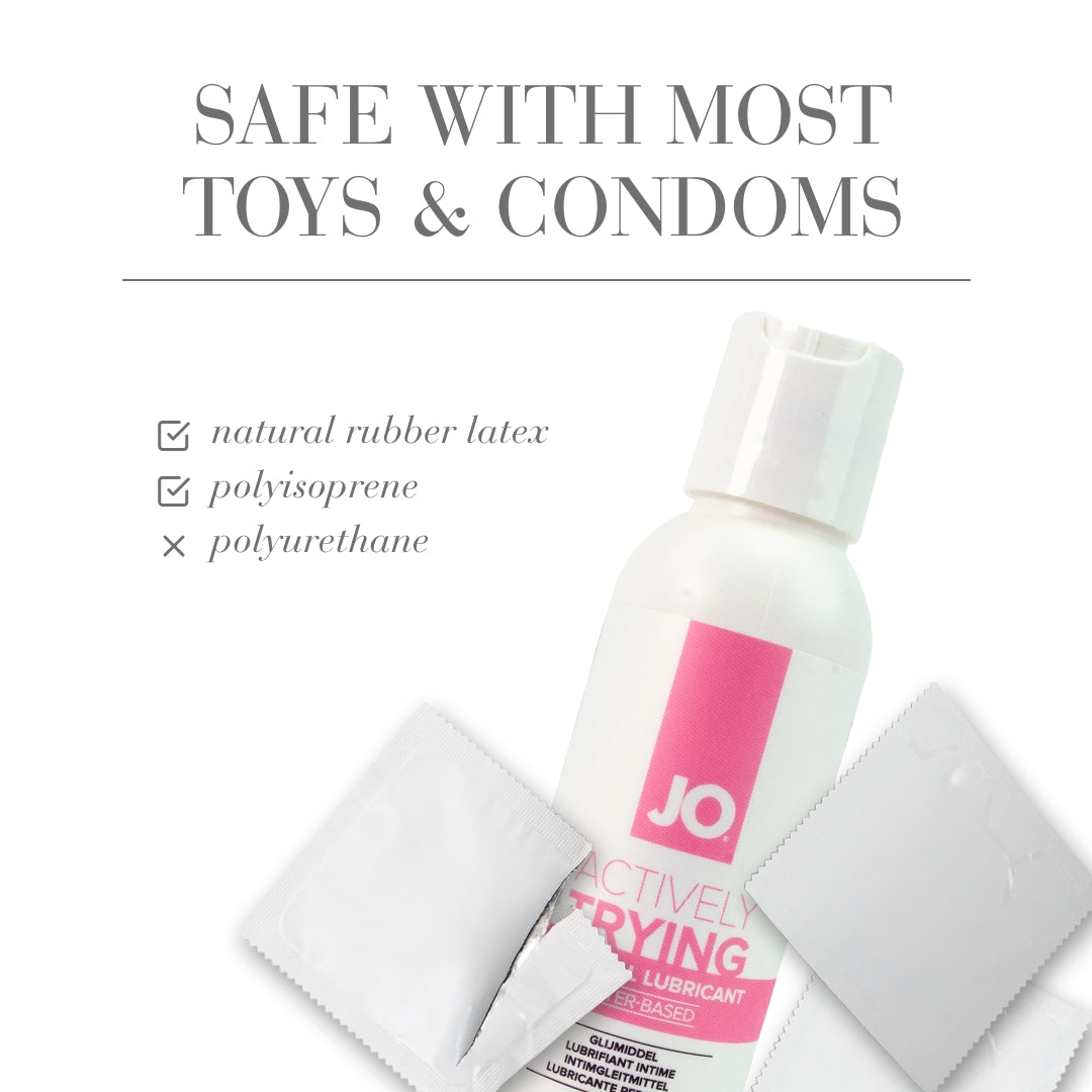 JO Actively Trying water based fertility friendly lubricant bottle with condoms and safety information.