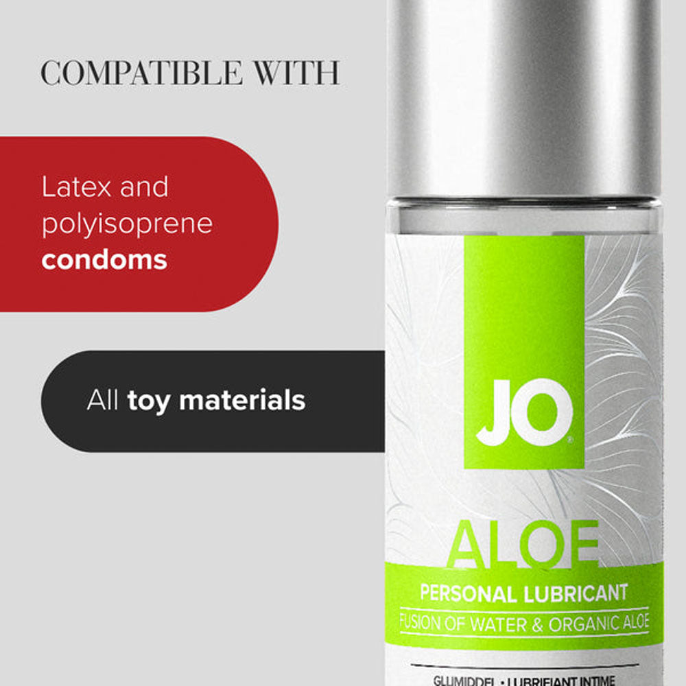 JO Aloe water based aloe lubricant bottle, highlighting compatibility with latex condoms and all toy materials.