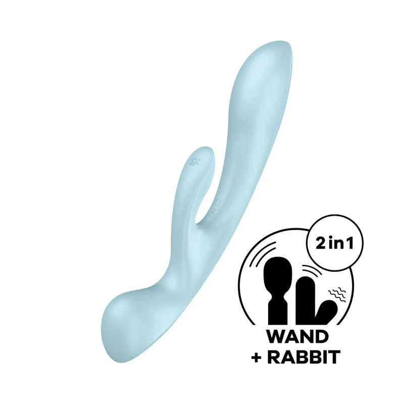 Satisfyer Triple Oh, a USB rechargeable rabbit vibrator for G-spot and clitoral stimulation, featuring a massage wand.