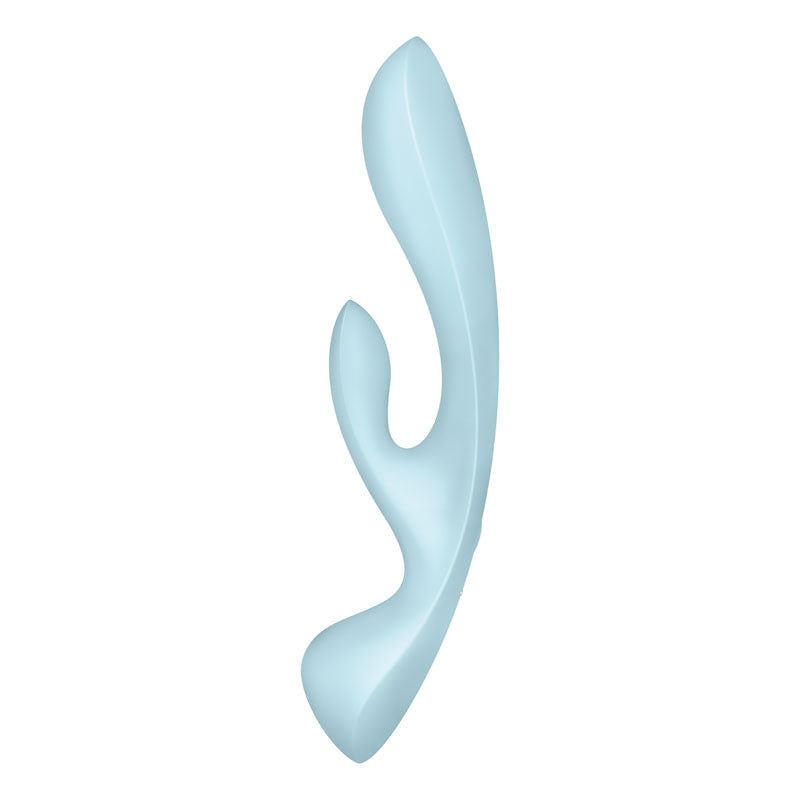 Satisfyer Triple Oh light rechargeable rabbit vibrator showcasing its sleek design and dual-functionality.