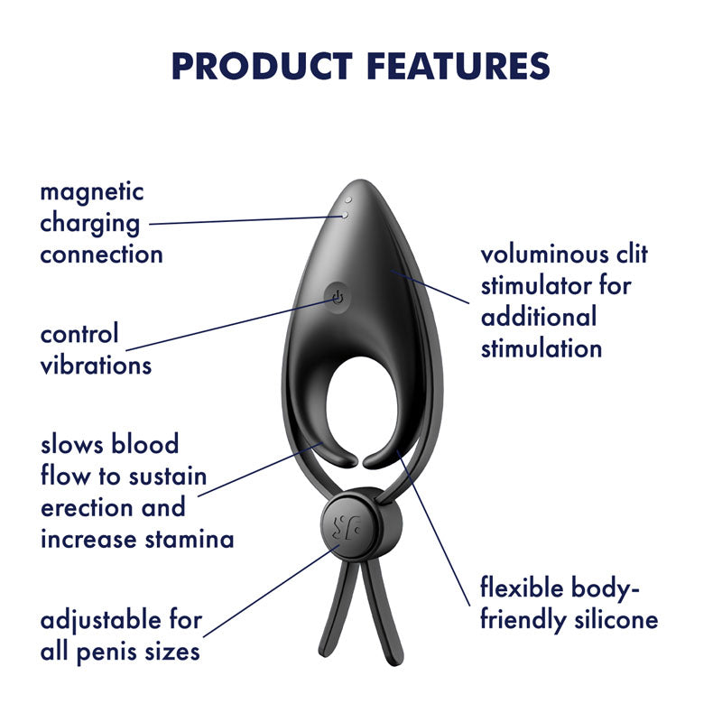 Satisfyer Sniper -  -  Vibrating Adjustable Lasso Cock Ring features, including magnetic charging and flexible silicone.