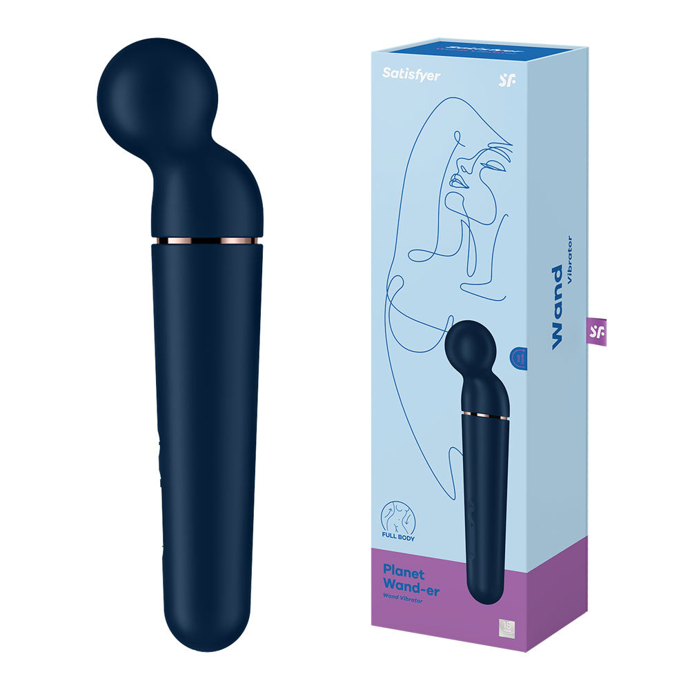 Satisfyer Planet Wand-er USB rechargeable massager wand shown with packaging, featuring sleek design and ergonomic shape.