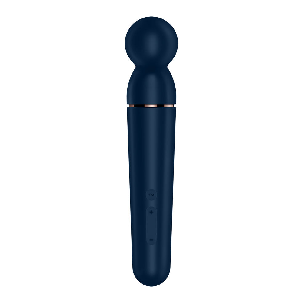 Satisfyer Planet Wand-er USB rechargeable massager wand in navy blue with silicone finish and control buttons.