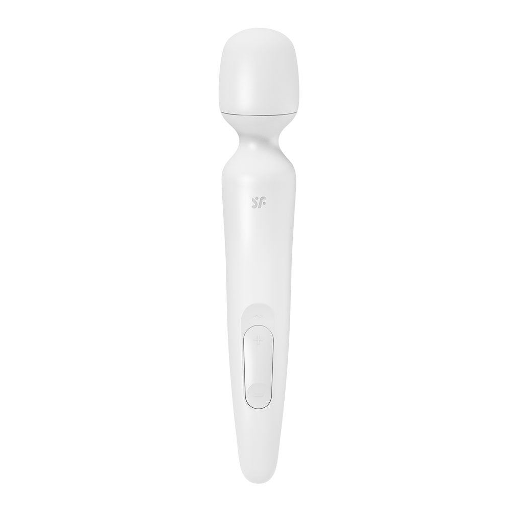 Satisfyer Wand-erland USB rechargeable massage wand in white with a user-friendly button design.