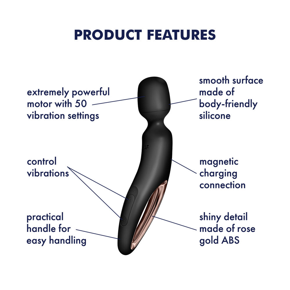 Features of the Satisfyer Wand-erland, a rose gold rechargeable massage wand with 50 vibration settings.