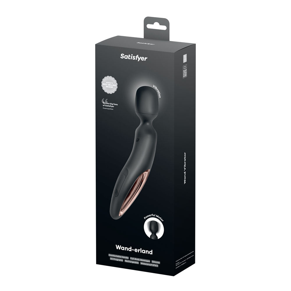 Satisfyer Wand-erland packaging showcasing the rose gold rechargeable massage wand with USB charging features.