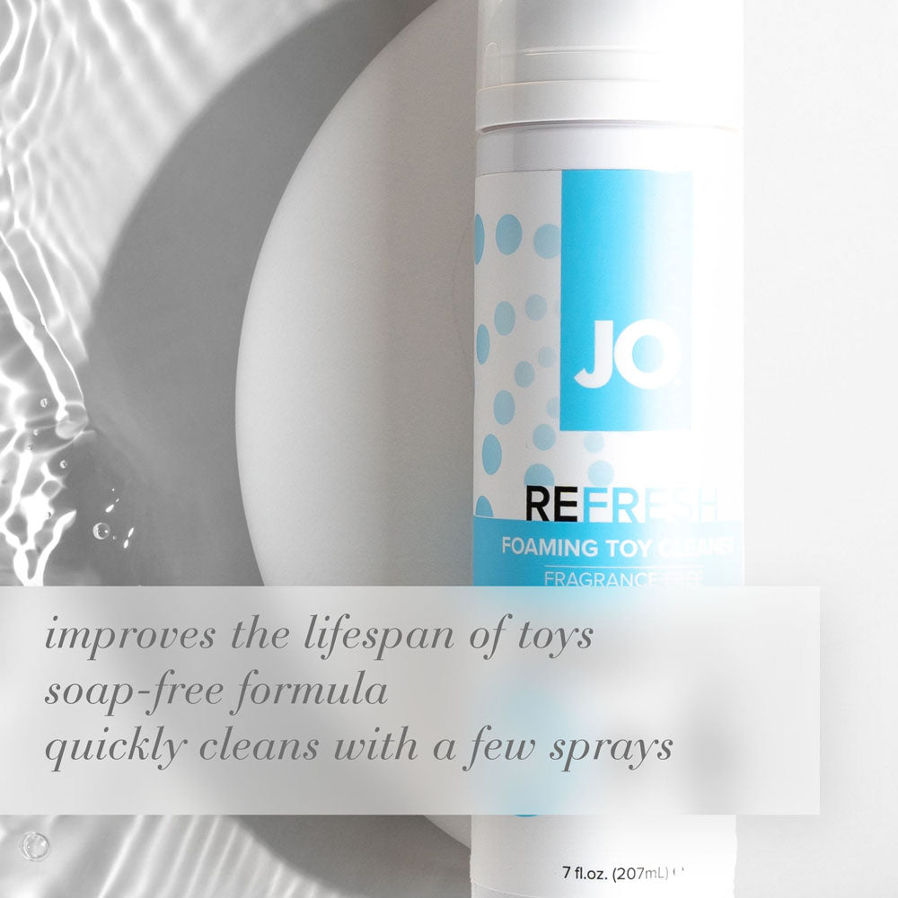 JO Refresh Foaming Toy Cleaner 207 mL bottle with gentle formula for cleaning and extending toy lifespan.