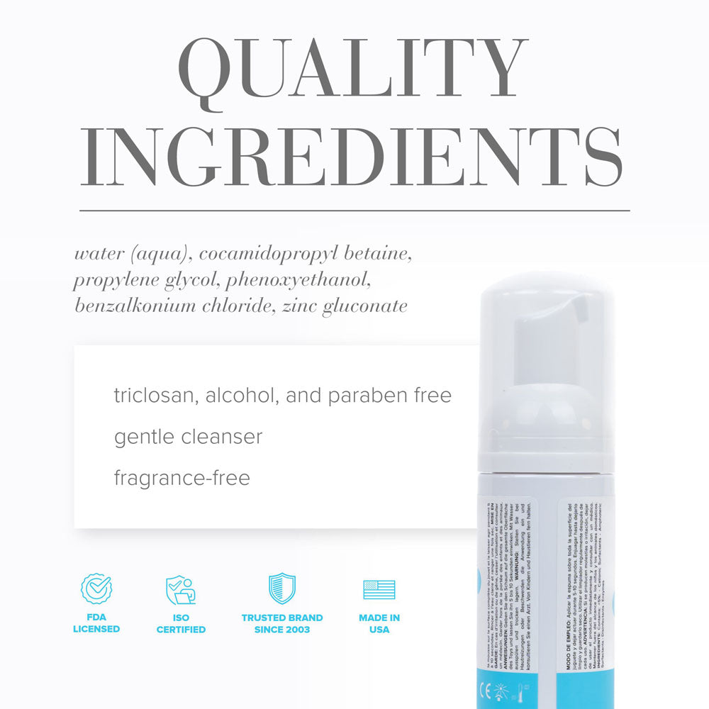 JO Refresh Foaming Toy Cleaner ingredients list highlighting gentle, fragrance-free formula for safe cleaning.
