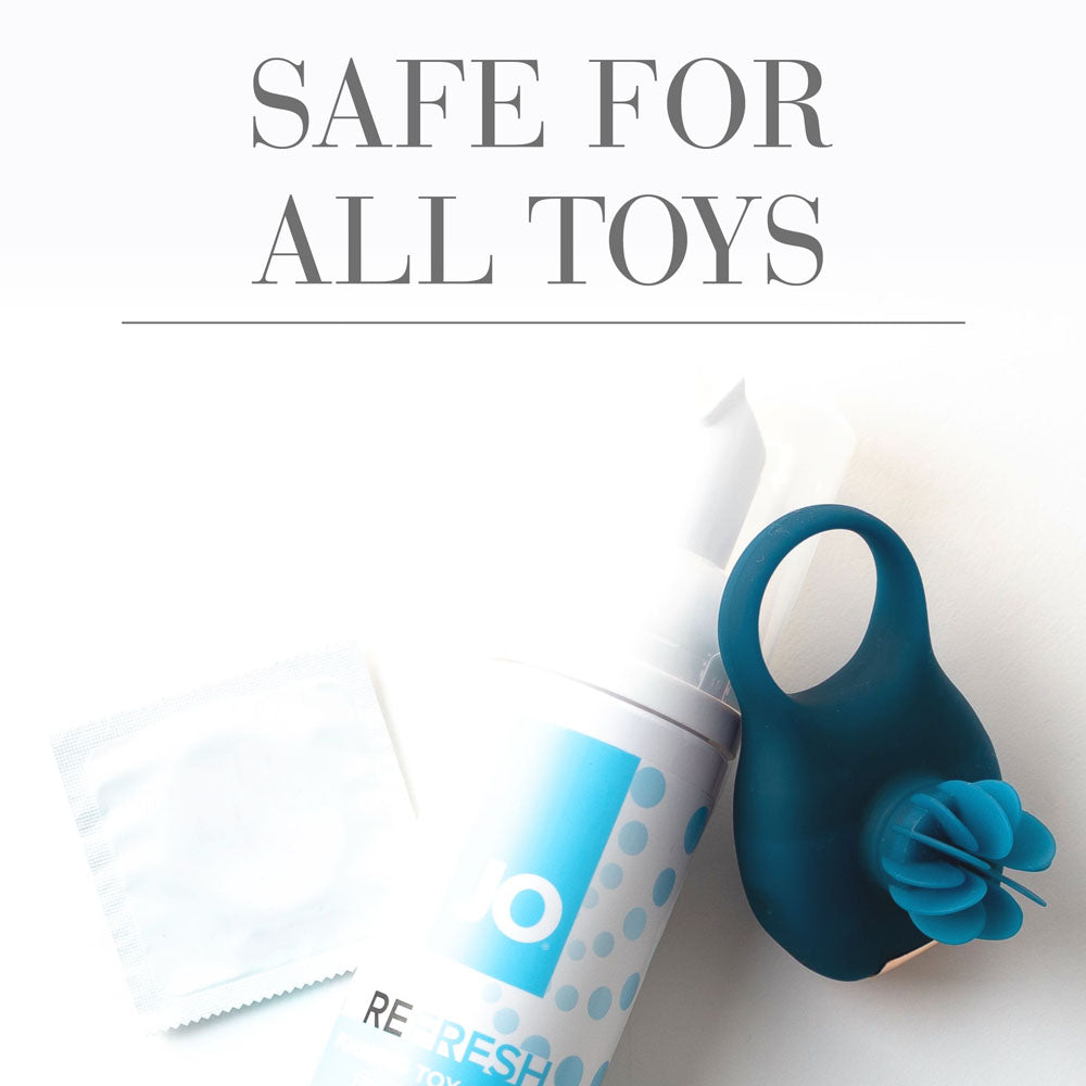 JO Refresh Foaming Toy Cleaner bottle and toy; gentle, fragrance-free foaming toy cleaner for safe use.