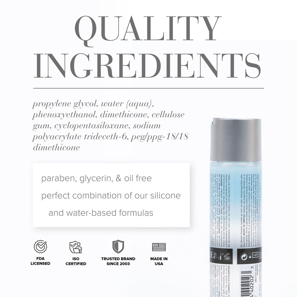 Ingredients list for JO Classic Hybrid - Hybrid Lubricant - 120 ml Bottle highlighting quality and safety features.