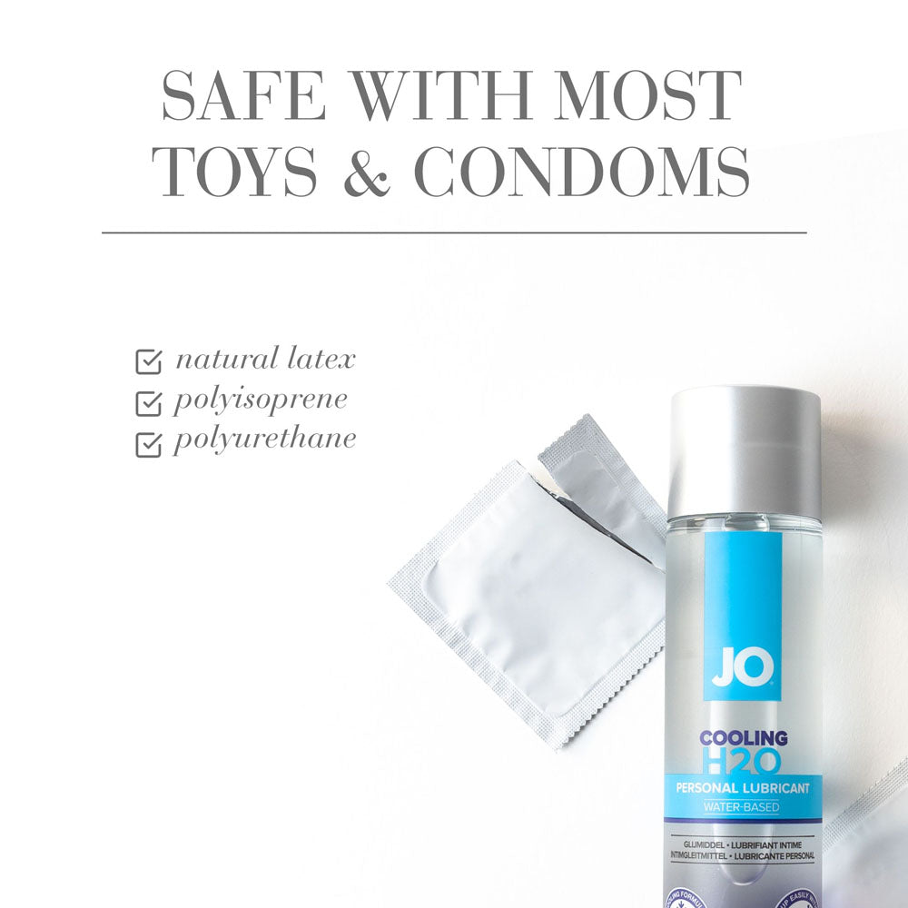 JO H2O Cooling Lube bottle with condom, safe with most toys & condoms, water based cooling lubricant