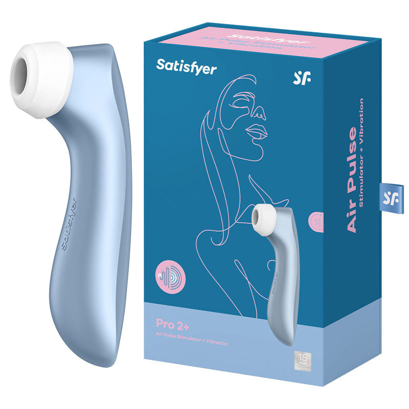 Satisfyer Pro 2+ - Touch-Free USB-Rechargeable Clitoral Stimulator with Vibration on display with packaging.