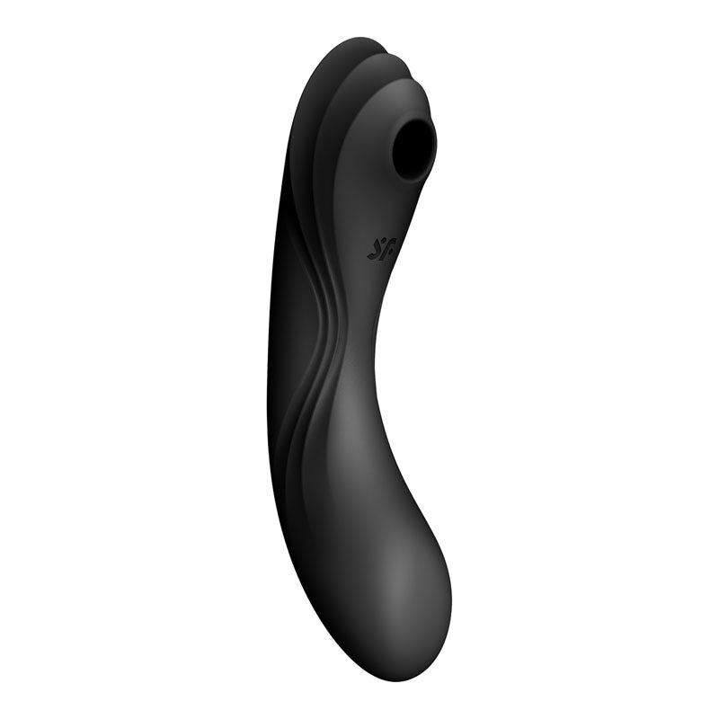 Satisfyer Curvy Trinity 4, USB rechargeable air pulse vibrator, with a sleek black design and ribbed structure.