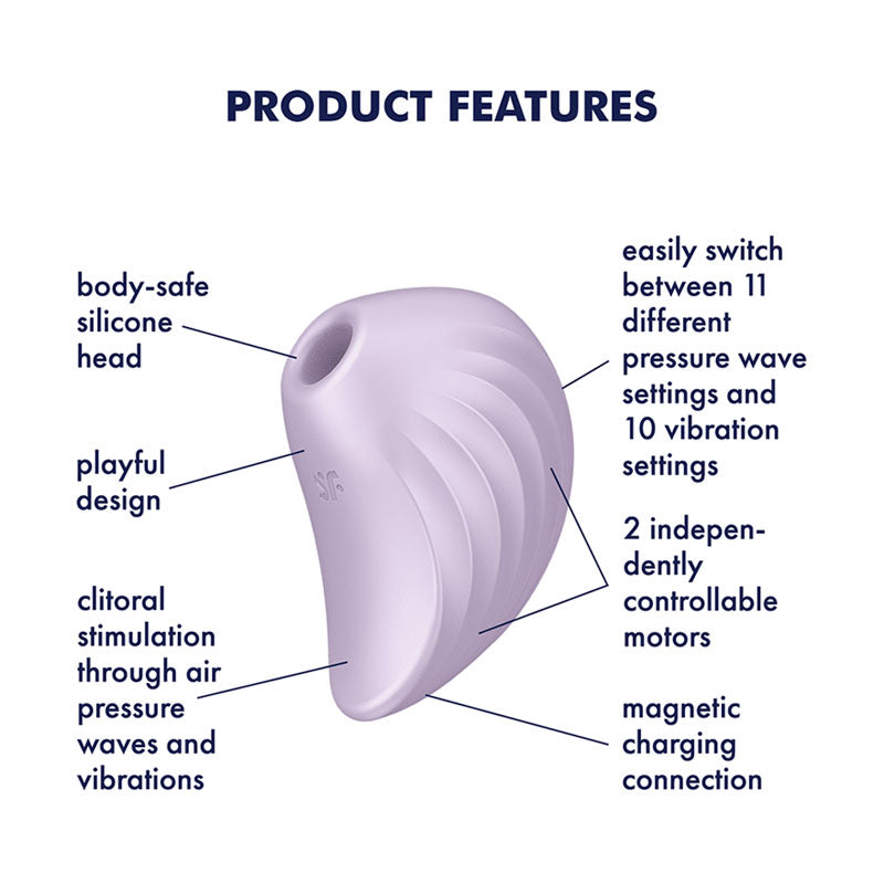 Satisfyer Pearl Diver - Violet - Violet USB Rechargeable Air Pulsation Stimulator product features with silicone head and vibration settings.