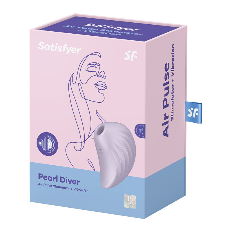 Satisfyer Pearl Diver - Violet - Violet USB Rechargeable Air Pulsation Stimulator packaging featuring air pulse and vibration.