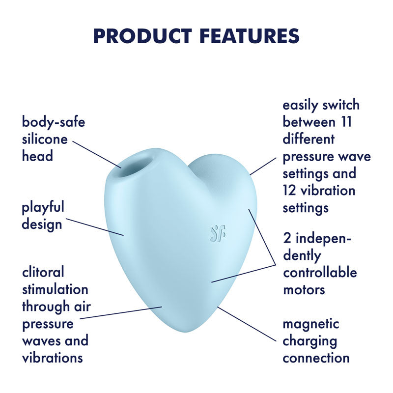 Product features of Satisfyer Cutie Heart USB rechargeable air pulsation vibrator including design, settings, and materials.