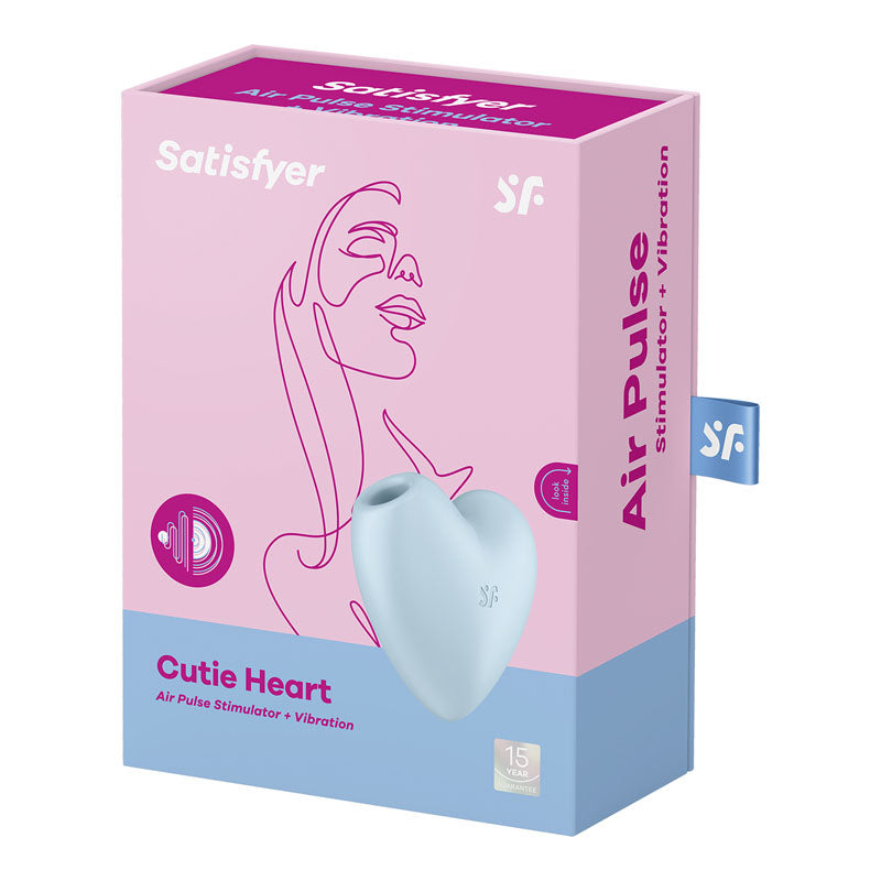 Satisfyer Cutie Heart packaging showing USB rechargeable air pulsation vibrator with vibration features.