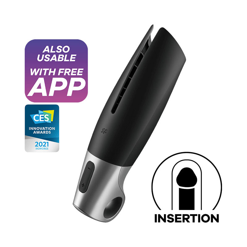 Satisfyer Power Masturbator - app controlled vibrating masturbator with award-winning design and insertion indicator.