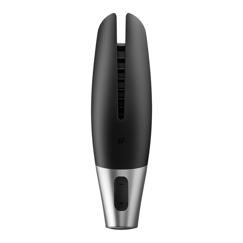Satisfyer Power Masturbator, app controlled vibrating masturbator, USB rechargeable black design with ribbed internal structure.