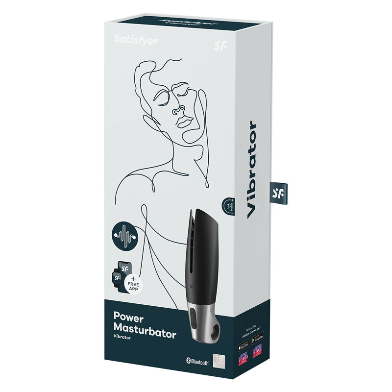 Satisfyer Power Masturbator packaging showcasing app controlled vibrating masturbator with Bluetooth and free app features.