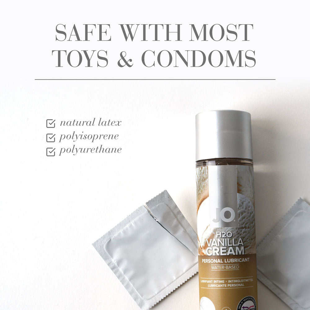 JO H2O Vanilla Cream Lube - 120 mL - Vanilla Flavoured Water Based Lubricant - 120 ml Bottle with condoms.