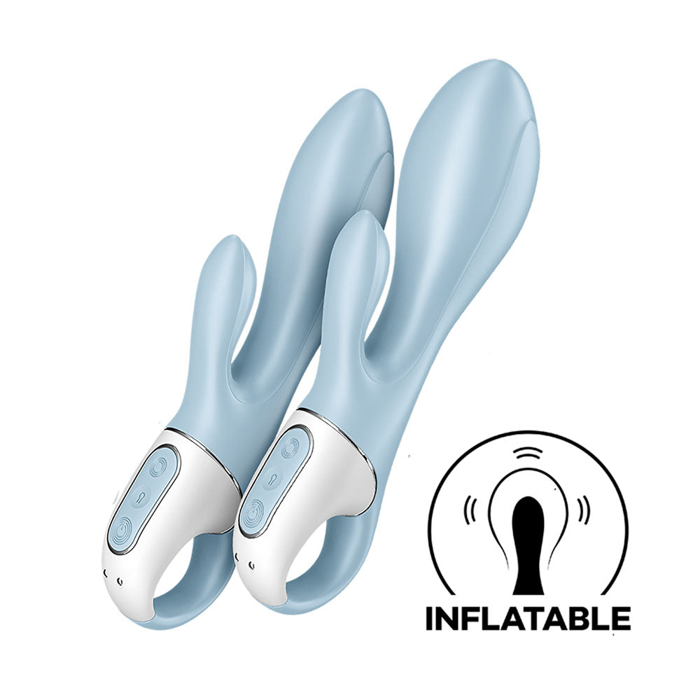 Satisfyer Air Pump Bunny 1 inflatable rabbit vibrator in soft blue with buttons for easy control.