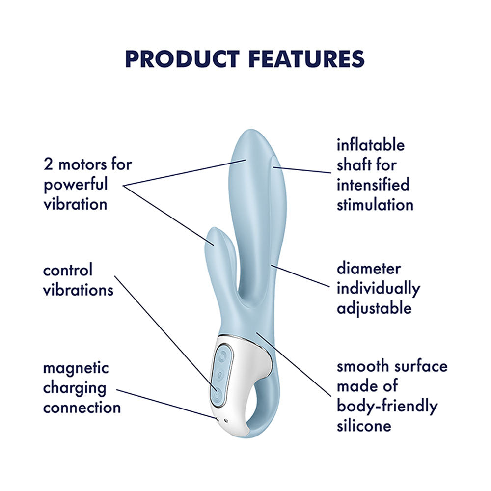 Product features of the inflatable rabbit vibrator, highlighting motors, adjustable diameter, and charging connection.