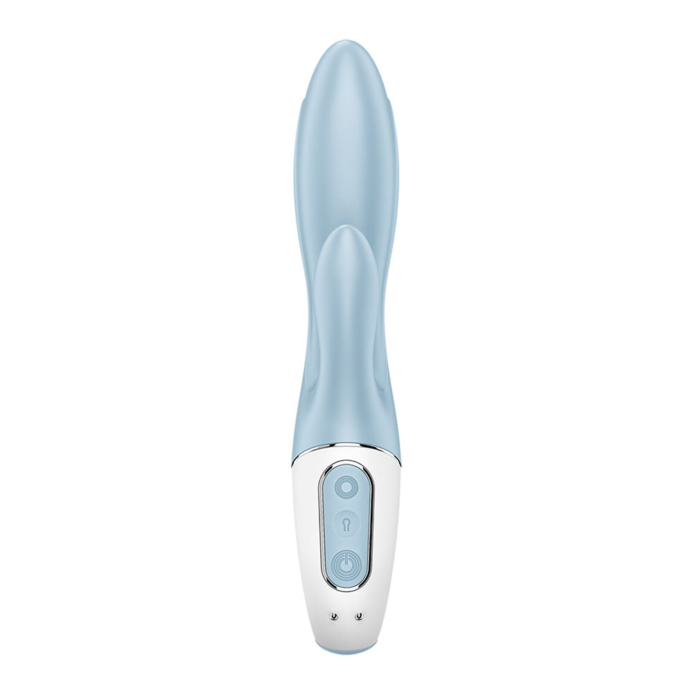 Satisfyer Air Pump Bunny 1 inflatable rabbit vibrator in soft blue with easy-use controls.