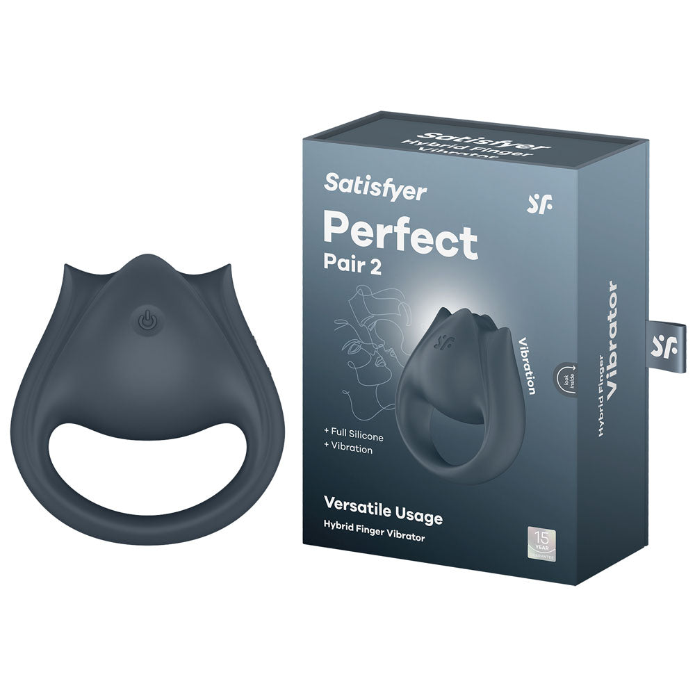 Satisfyer Perfect Pair 2 grey USB rechargeable vibrating couples ring packaging and product view