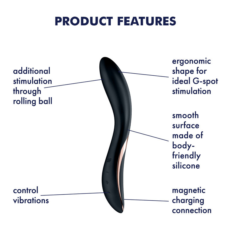 Features of the Satisfyer Rrrolling Explosion G-spot rechargeable vibrator, highlighting ergonomic design and additional stimulation.