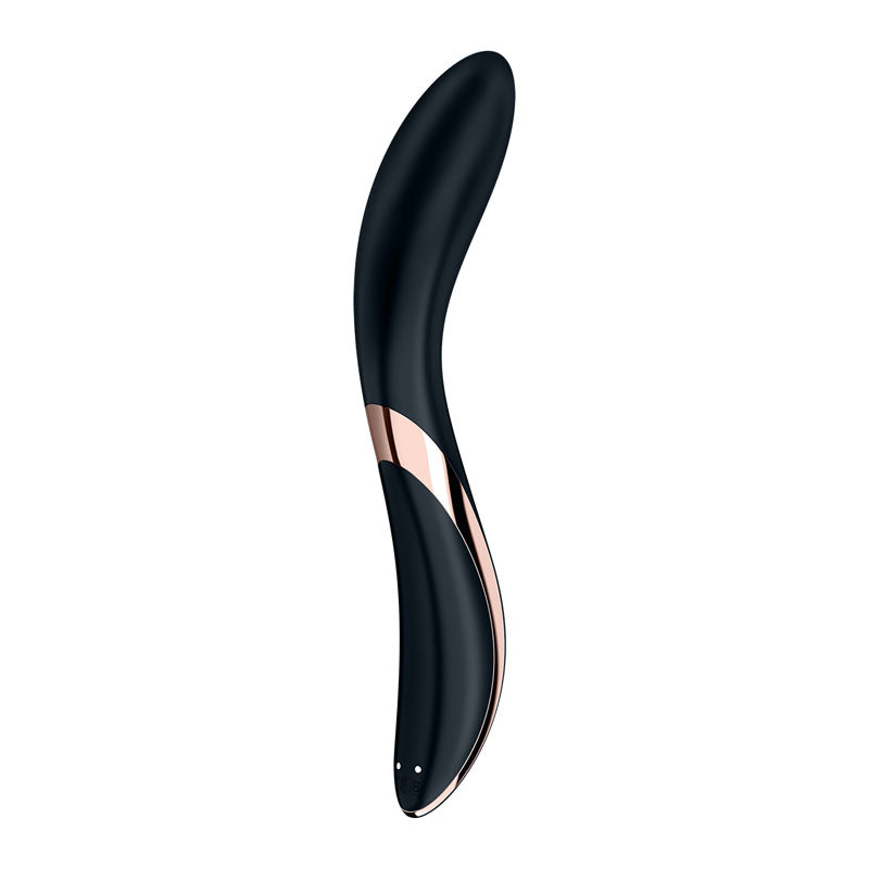 Satisfyer Rrrolling Explosion G-spot rechargeable vibrator with sleek black design and elegant rose gold accents.