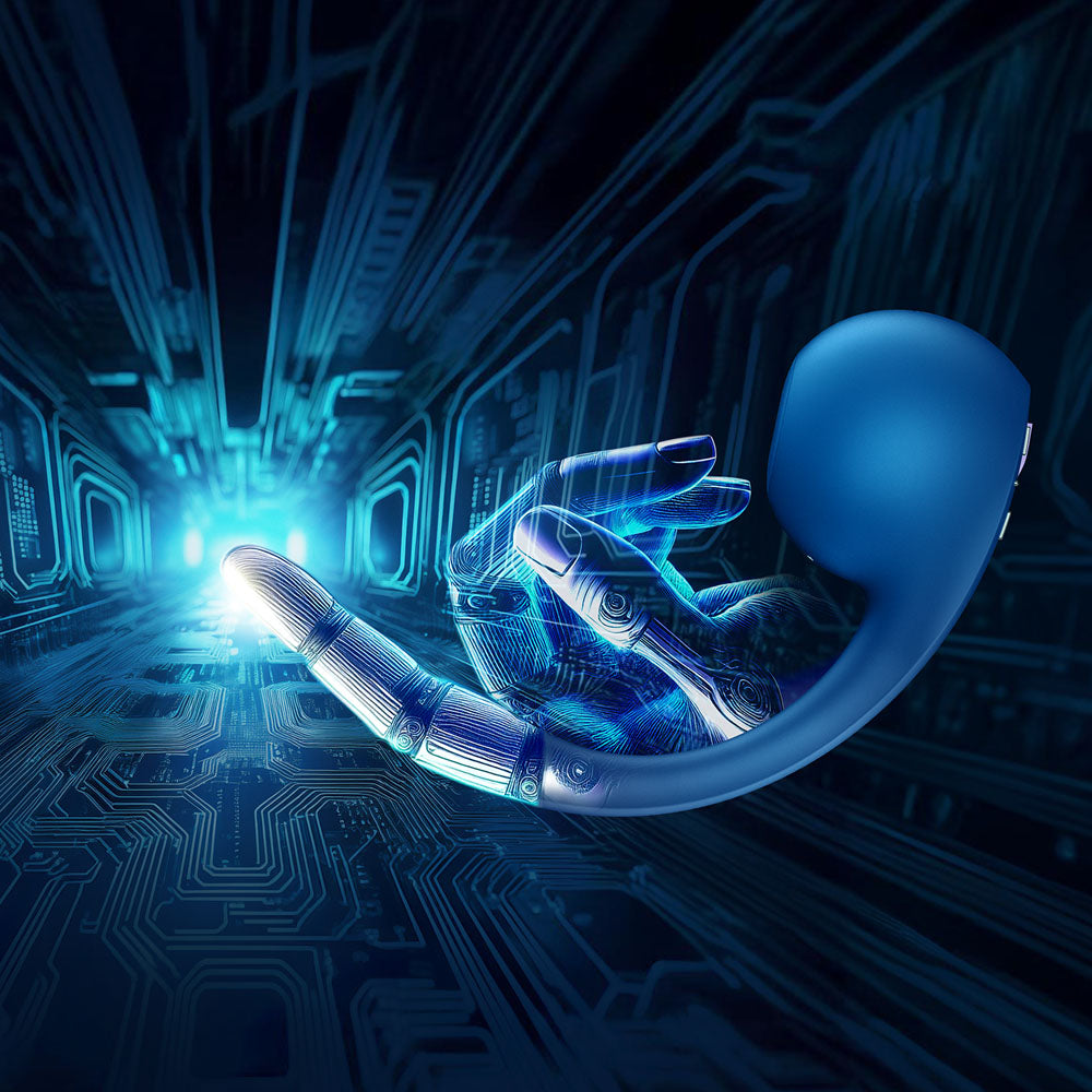 USB rechargeable air pulse vibrator showcasing innovative design and technology in a futuristic setting.