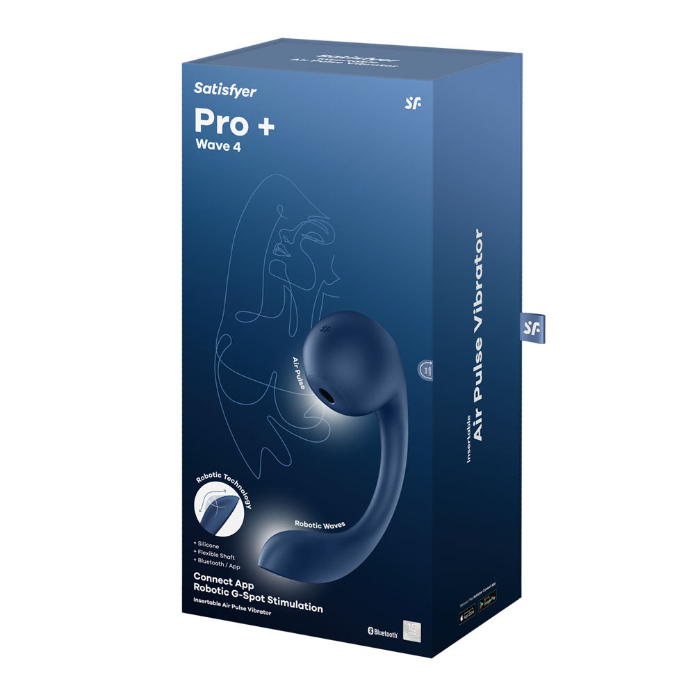 Satisfyer Pro+ Wave 4 USB rechargeable air pulse vibrator packaging showcasing innovative design and features.