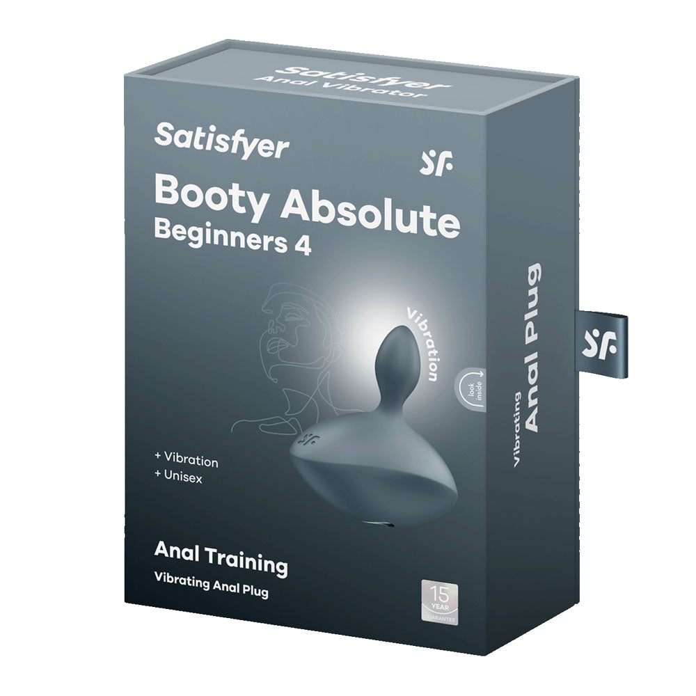 Satisfyer Booty Absolute Beginners 4 - Grey USB Rechargeable Vibrating Butt Plug product packaging for anal training.