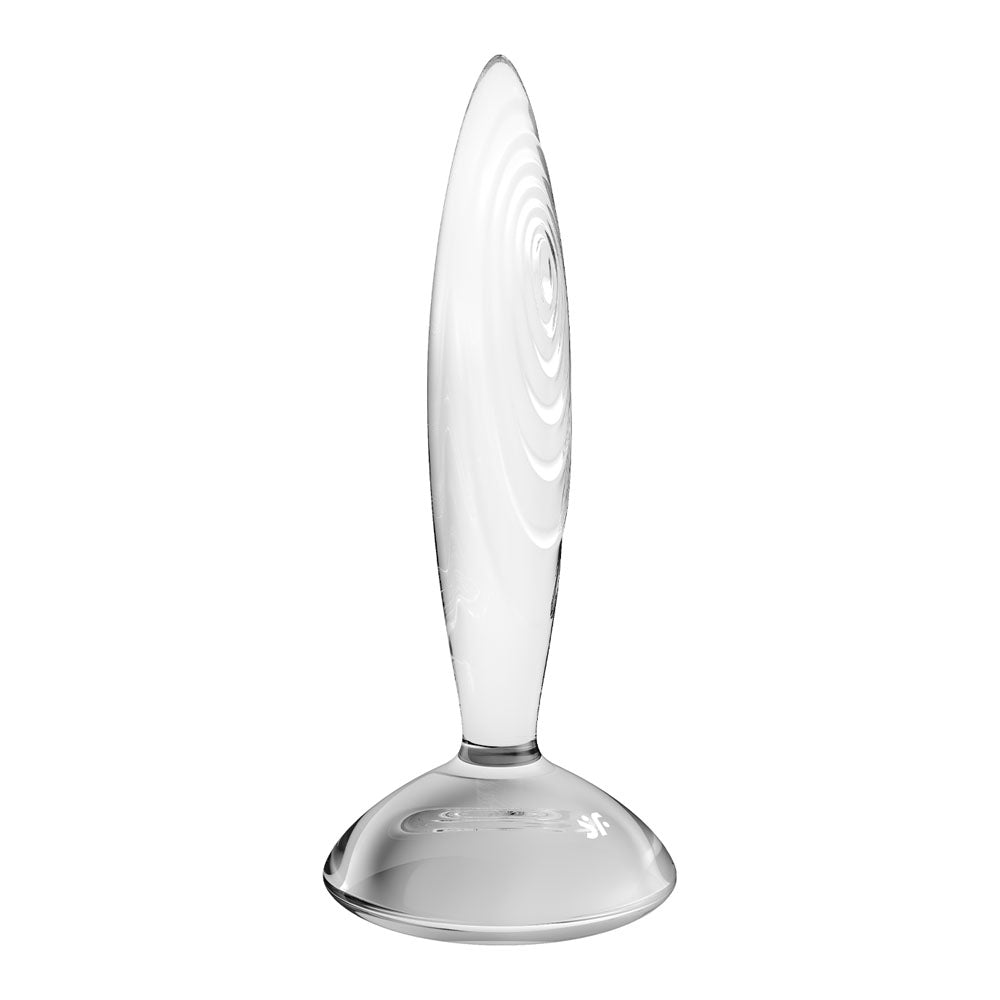 Satisfyer Sparkling Crystal glass butt plug on a white background, showcasing its sleek design and glass material.