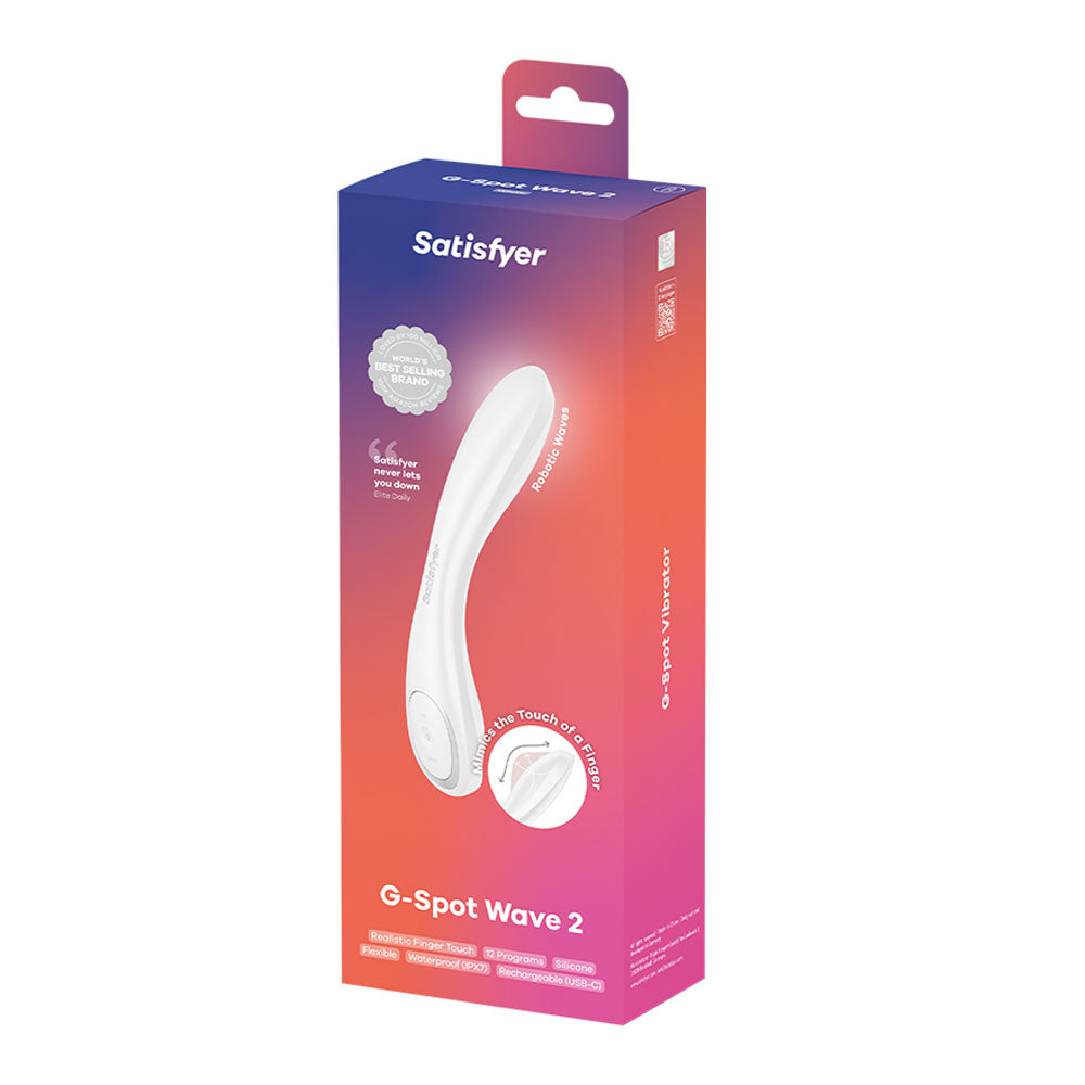 Satisfyer G-Spot Wave 2 -  -  23.6 cm USB Rechargeable Flicking Tip Vibrator packaging showcasing its sleek design.