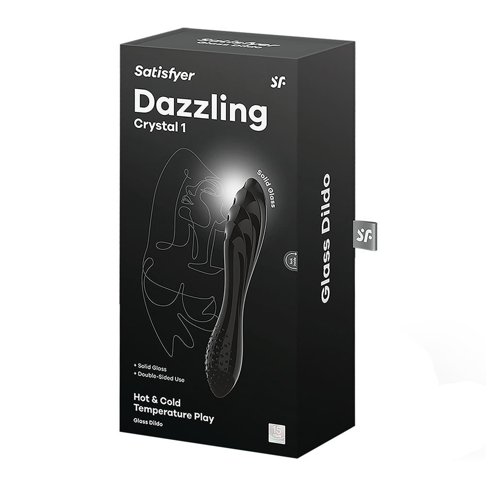 Satisfyer Dazzling Crystal 1 -  -  Glass Double Ended Dildo packaging showcasing hot and cold temperature play.
