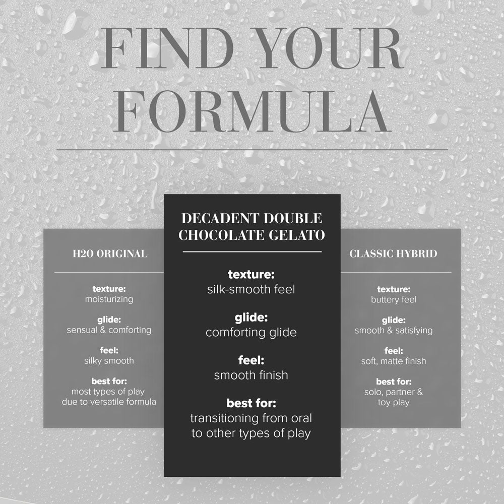 Find Your Formula chart detailing JO Gelato Decadent Double Chocolate Lubricant - 120 mL - Chocolate Flavoured Water Based Lubricant - 120 ml Bottle.