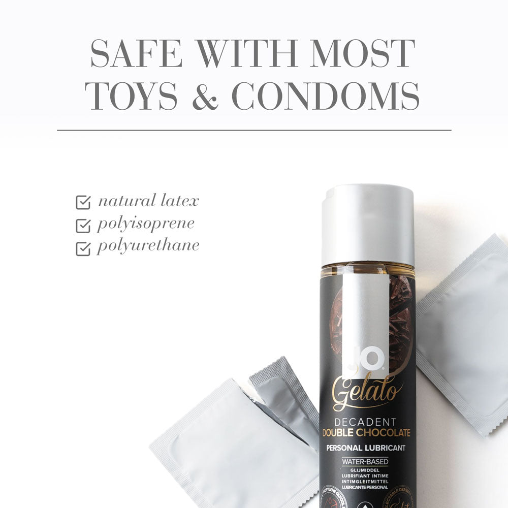 JO Gelato Decadent Double Chocolate Lubricant - 120 mL - Chocolate Flavoured Water Based Lubricant - 120 ml Bottle with safety info