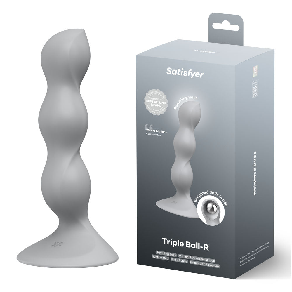 Satisfyer Triple Ball-R - Grey - Grey 18 cm Beaded and Weighted Dildo with packaging.