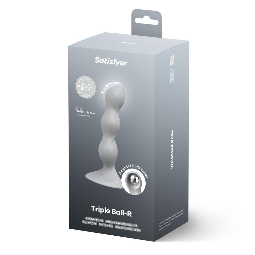 Satisfyer Triple Ball-R - Grey - Grey 18 cm Beaded and Weighted Dildo box packaging with product details.