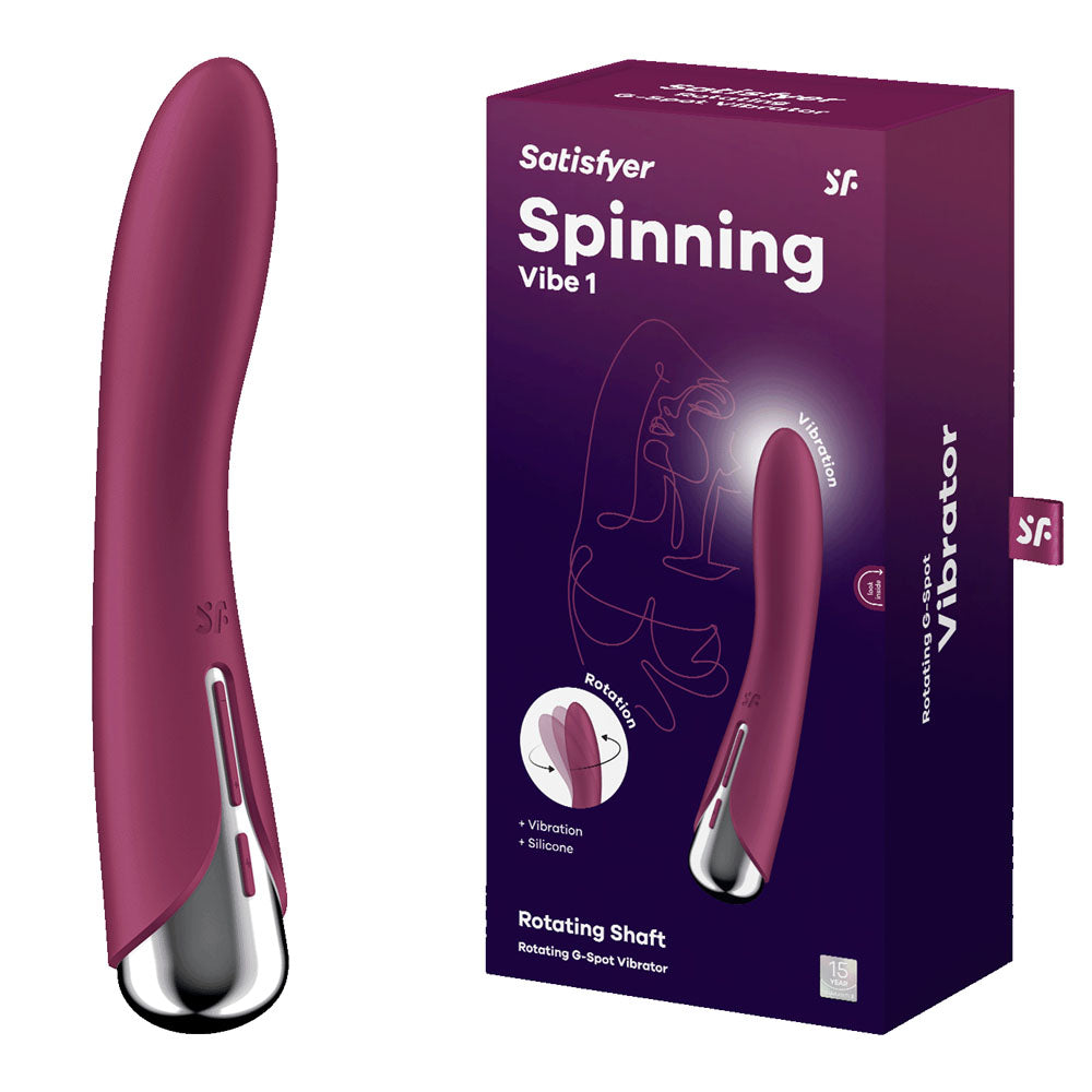 Satisfyer Spinning Vibe 1 -  -  17.8 cm USB Rechargeable Rotating Vibrator packaging and product view.