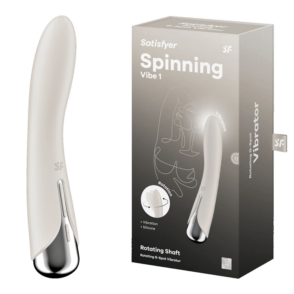 Satisfyer Spinning Vibe 1 - Beige - Beige 17.8 cm USB Rechargeable Rotating Vibrator with packaging and sleek design.