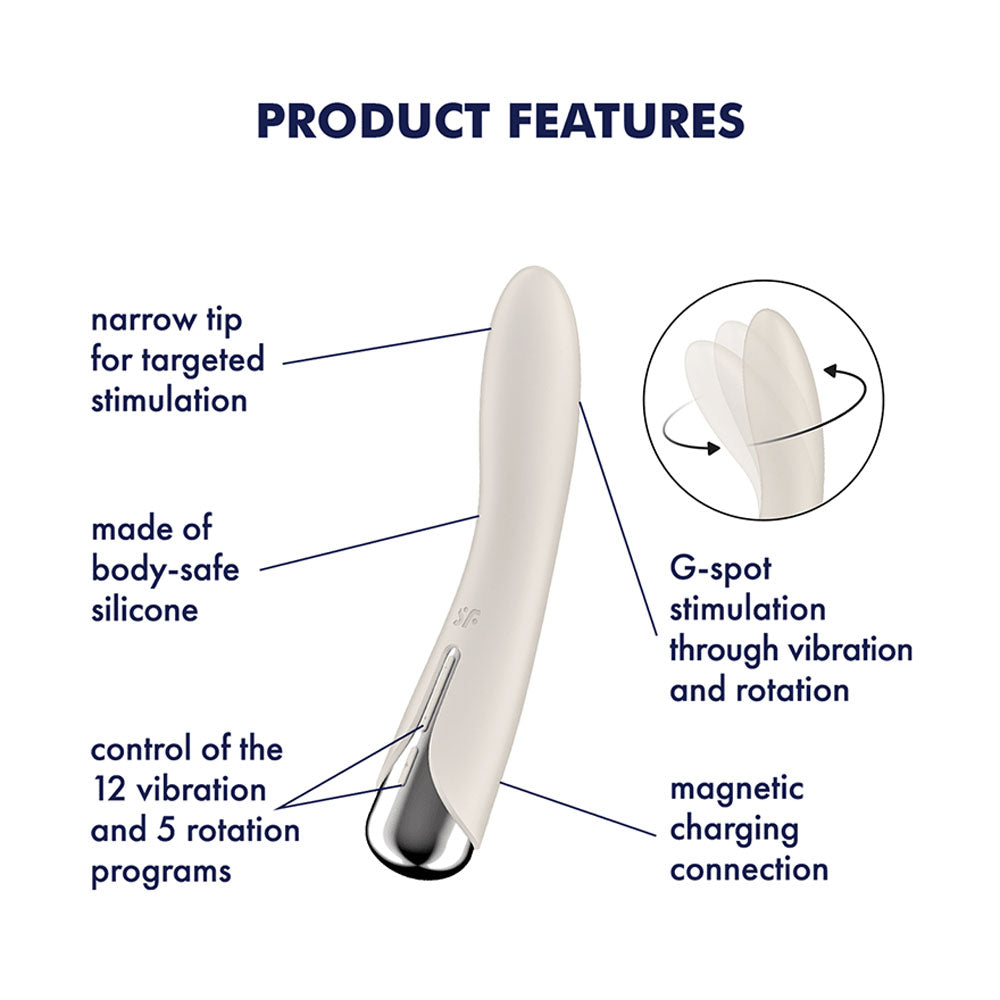 Satisfyer Spinning Vibe 1 - Beige - Beige 17.8 cm USB Rechargeable Rotating Vibrator product features with body-safe silicone.